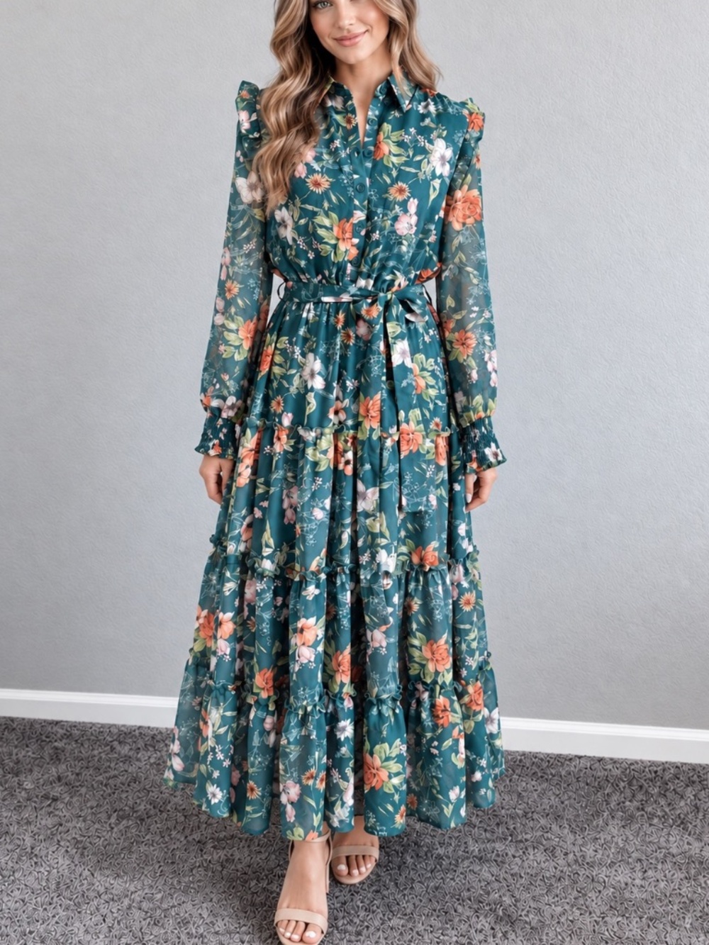 Roolee Floral Maxi Dress Small Green Tiered Long Sleeve Tie Belted Boho